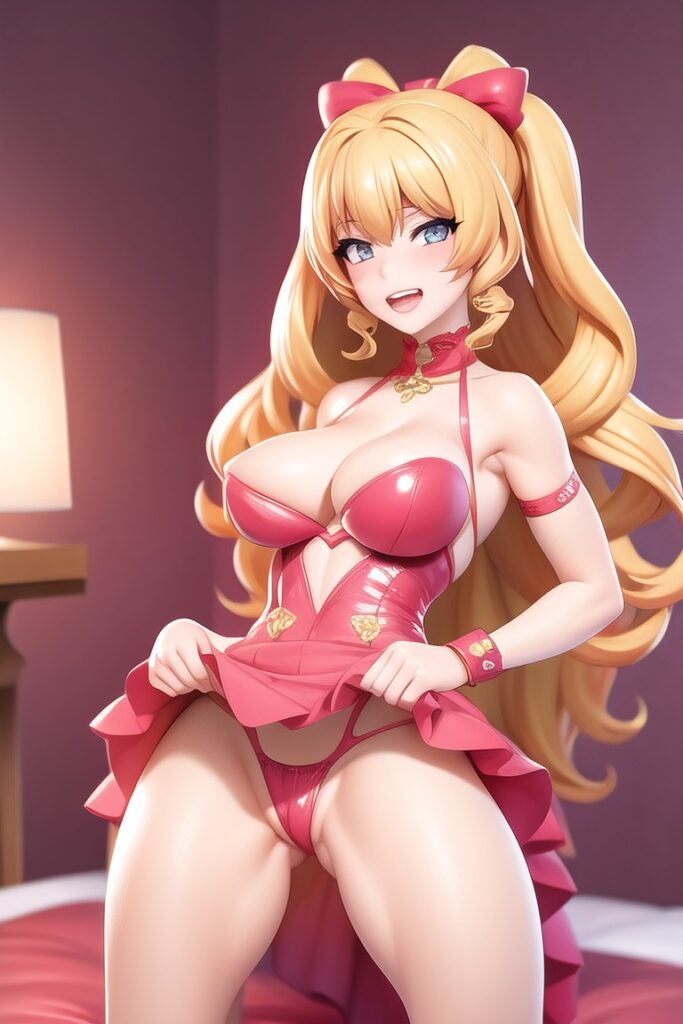an animated female blonde with big boobs and a pink dress on