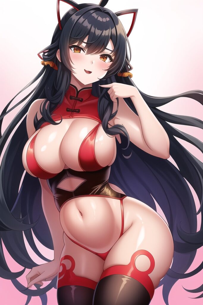an anime female with large breasts wearing cat ears and red underwear